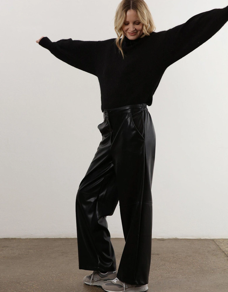 Wide Leg Faux Leather Look Trouser - Black