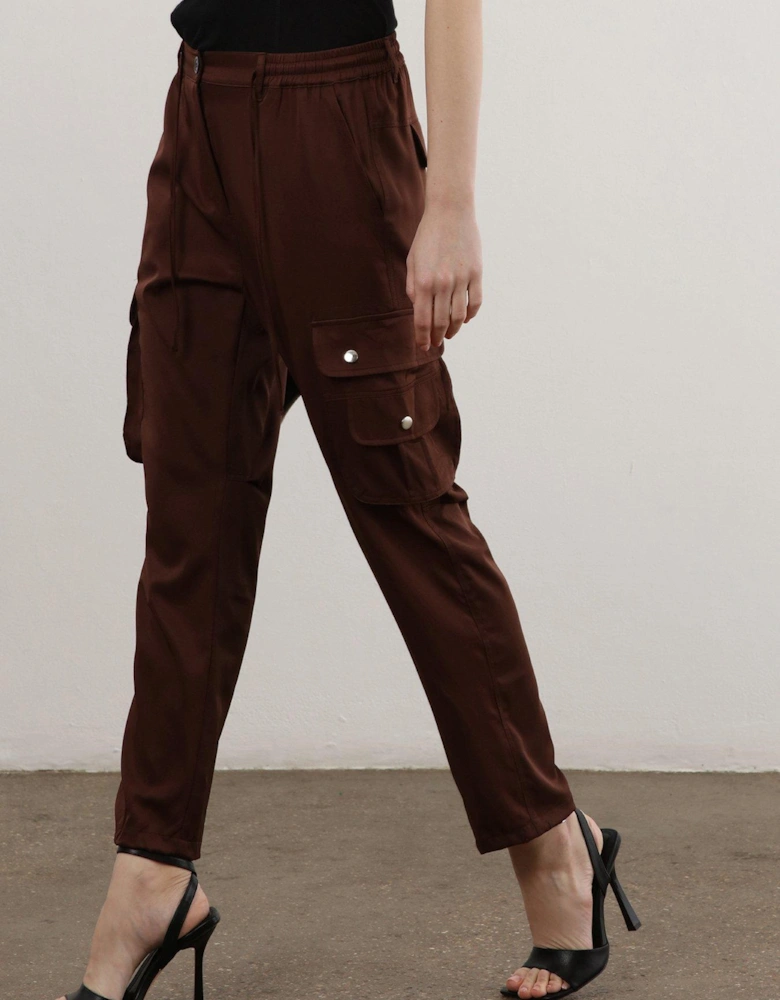 Slim Leg Chocolate Cargo Trouser With Drawstring Details - Brown