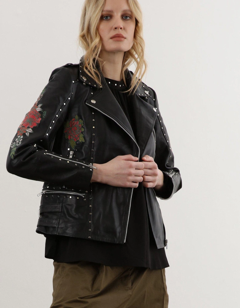 Aurora Leather Jacket With Heavy Embellishments - Black