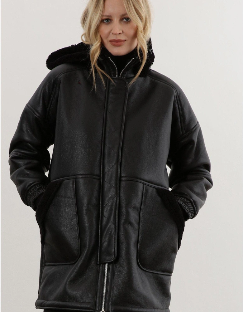 Black Shearling And Leather Look Hooded Coat - Black