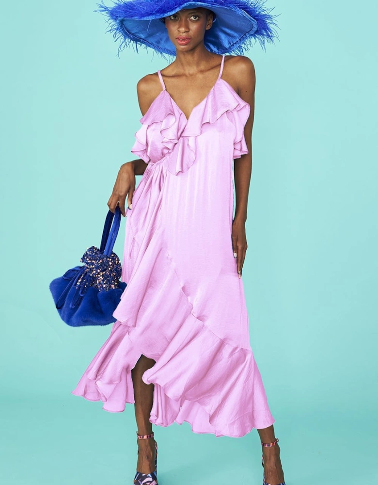 Pink Silk Blend Maxi Wrap Ruffle Dress