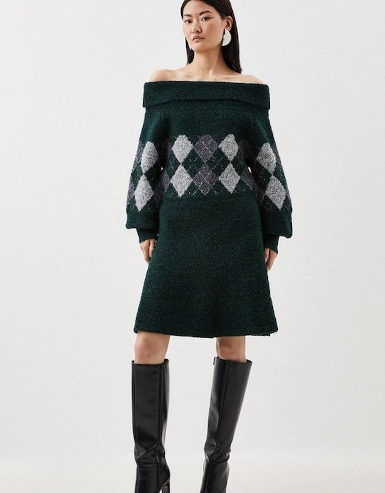 Wool Blend Fair Isle Bardot Knit Mini Dress