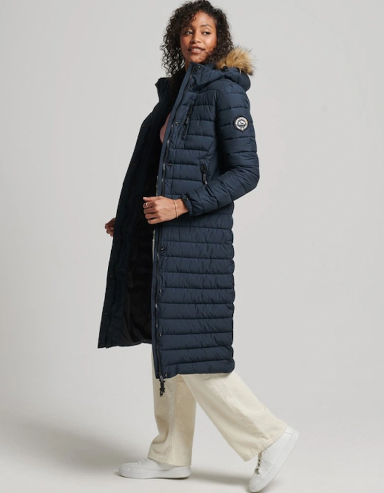 Women's Faux Fur Hood Longline Puffer Jacket Eclipse Navy