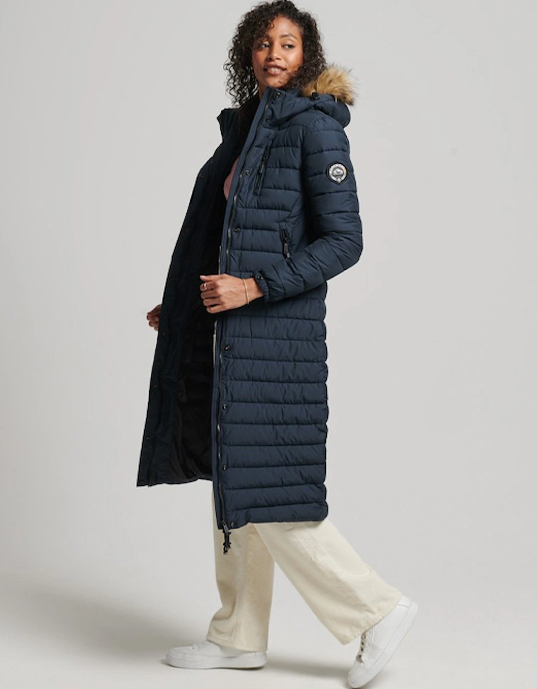 Women's Faux Fur Hood Longline Puffer Jacket Eclipse Navy, 6 of 5