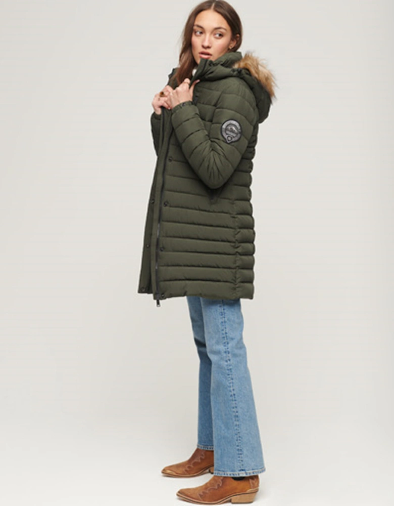Women's Fuji Hooded Mid Length Puffer Jacket Dark Moss Green