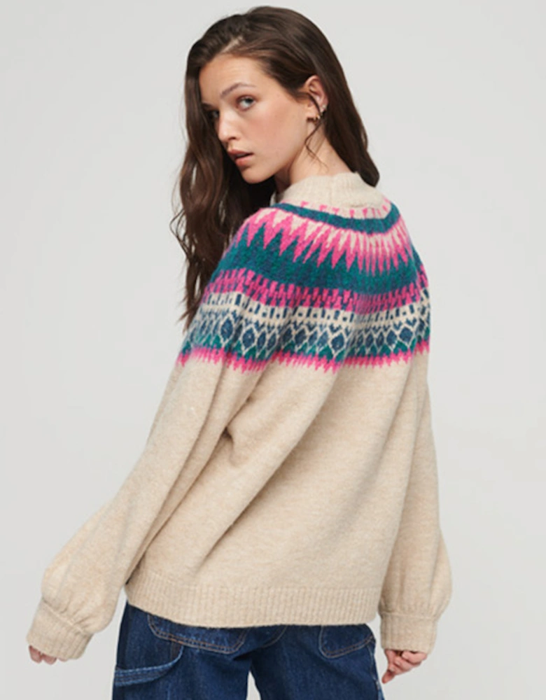 Women's Slouchy Pattern Knit Ecru Fairisle