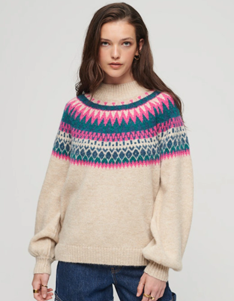 Women's Slouchy Pattern Knit Ecru Fairisle