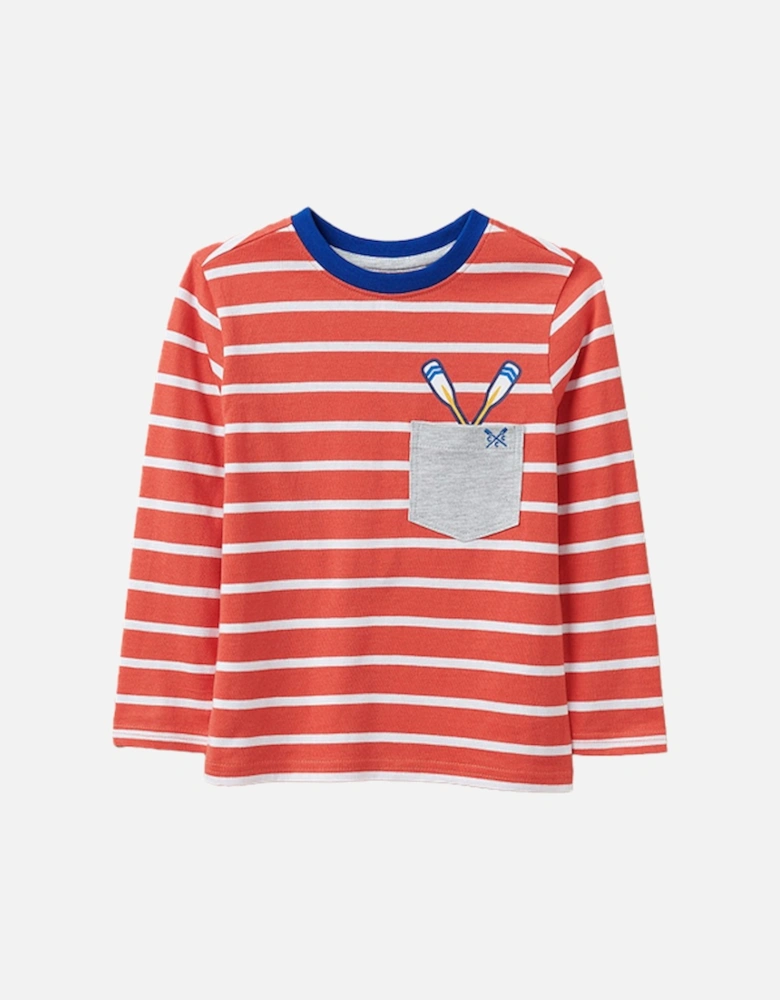 Boy's Long Sleeve Stripe Tee with Oars Pocket Red/Blue/White