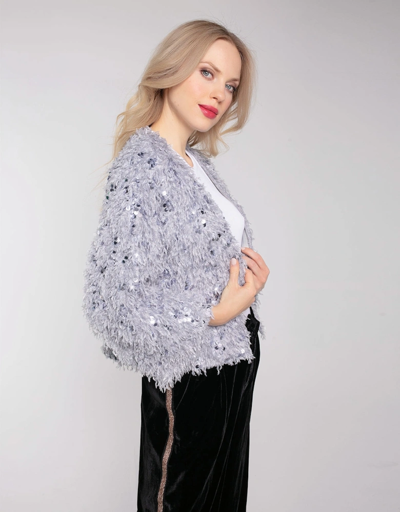 MARLY SEQUIN AND FAUX FUR KIMONO-GREY
