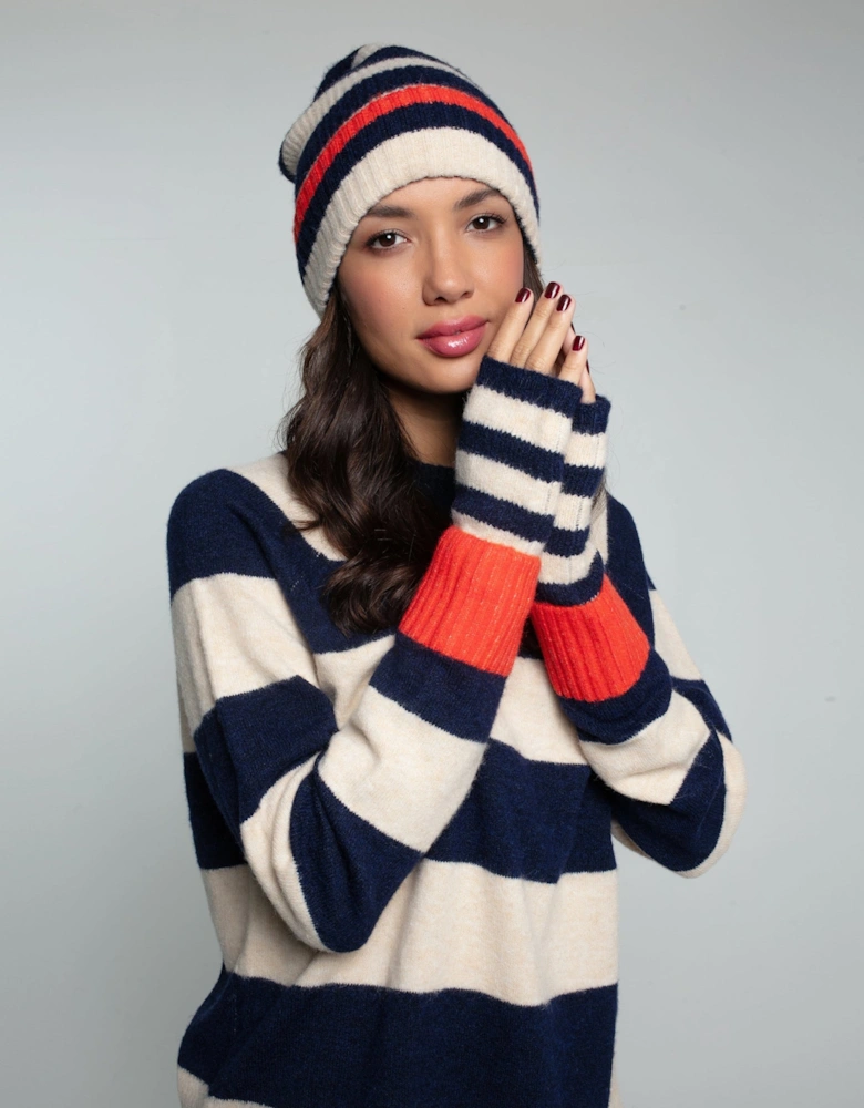 FARAH KNITTED STRIPE BEANIE-NAVY