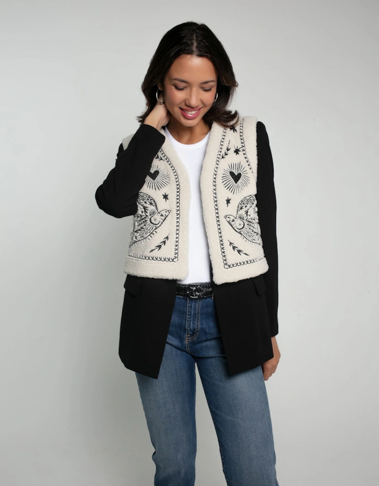 FREE BIRD EMBROIDERED FAUX SHEARLING GILET CREAM