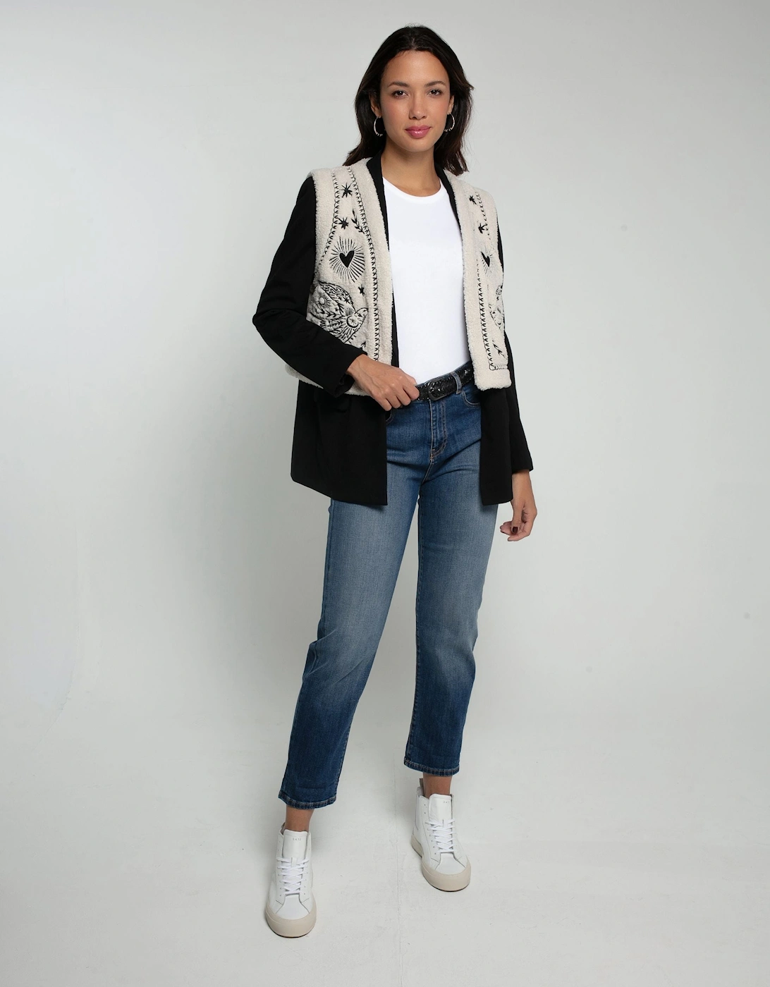 FREE BIRD EMBROIDERED FAUX SHEARLING GILET CREAM