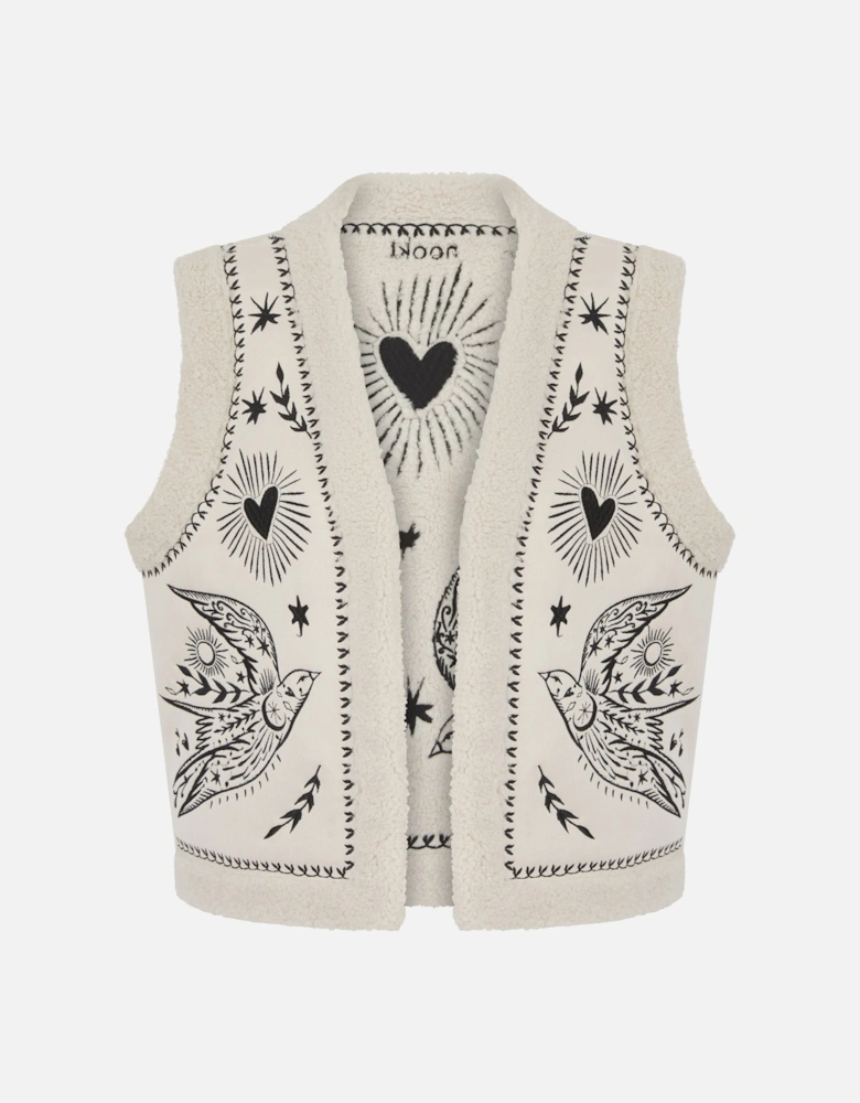 FREE BIRD EMBROIDERED FAUX SHEARLING GILET CREAM