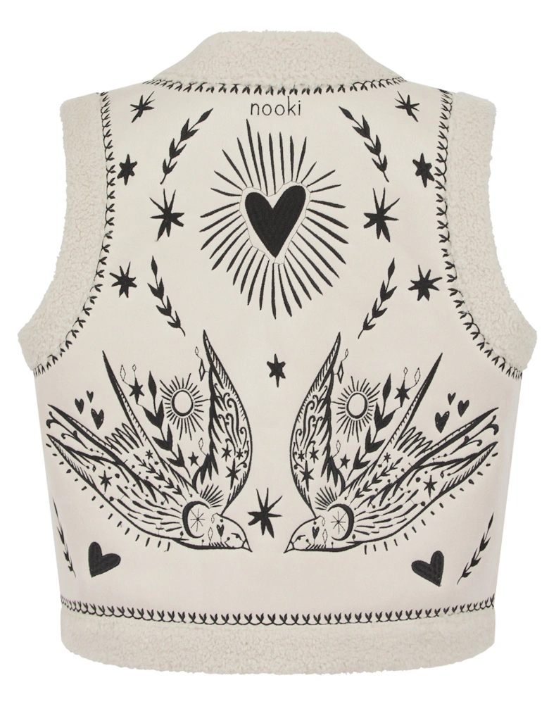 FREE BIRD EMBROIDERED FAUX SHEARLING GILET CREAM