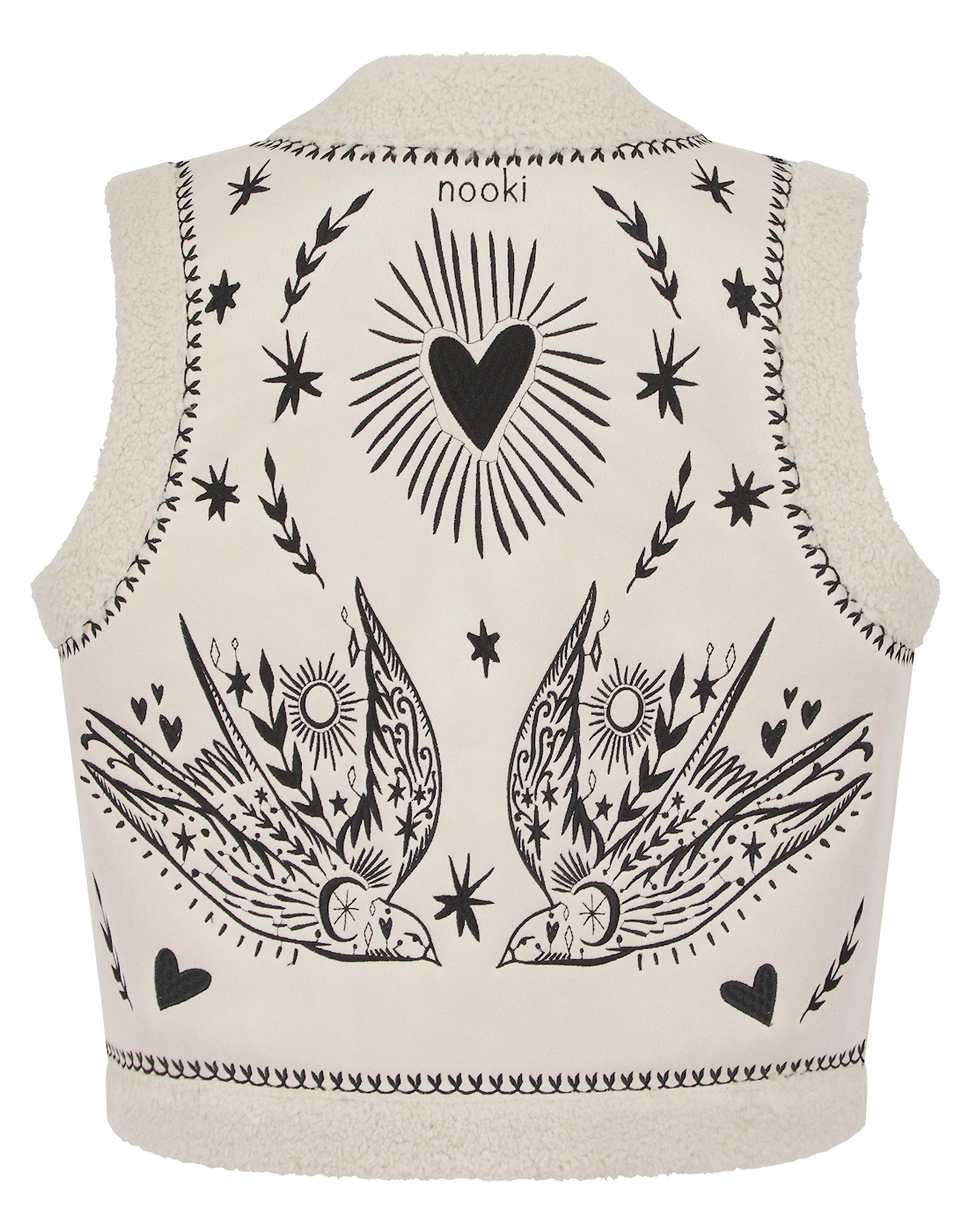 FREE BIRD EMBROIDERED FAUX SHEARLING GILET CREAM