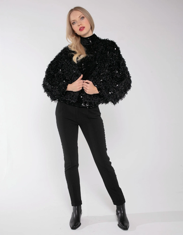 MARLY SEQUIN AND FAUX FUR KIMONO-BLACK