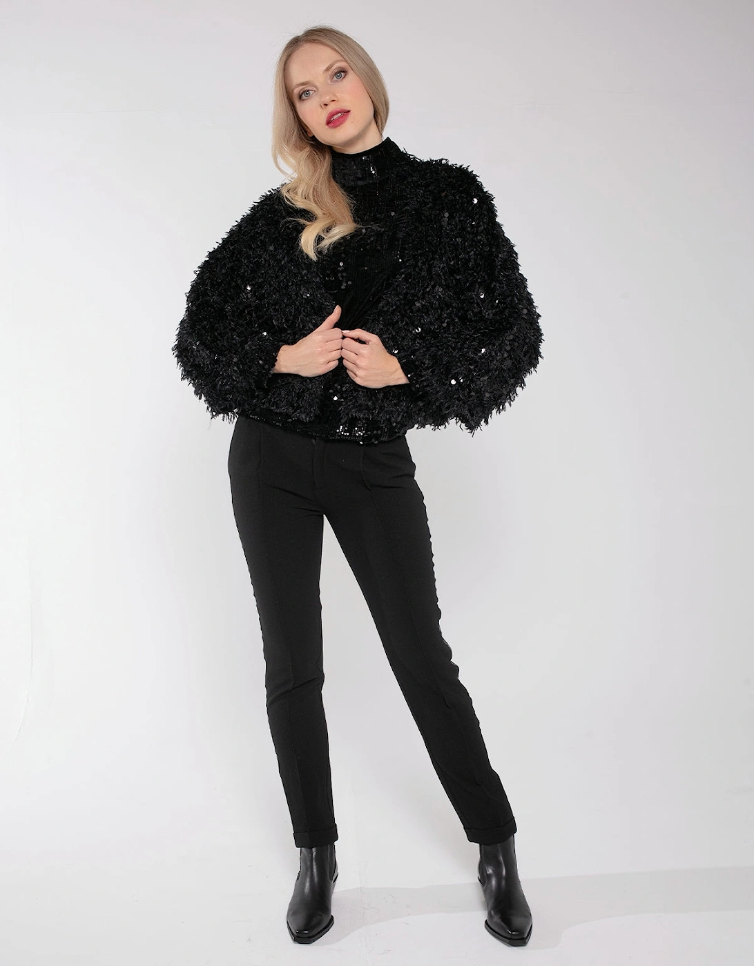 MARLY SEQUIN AND FAUX FUR KIMONO-BLACK