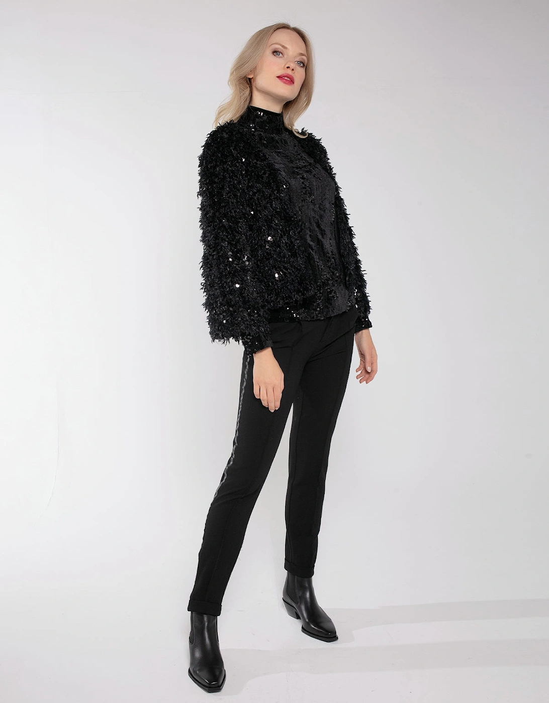 MARLY SEQUIN AND FAUX FUR KIMONO-BLACK