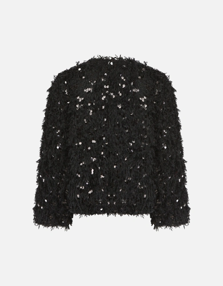 MARLY SEQUIN AND FAUX FUR KIMONO-BLACK