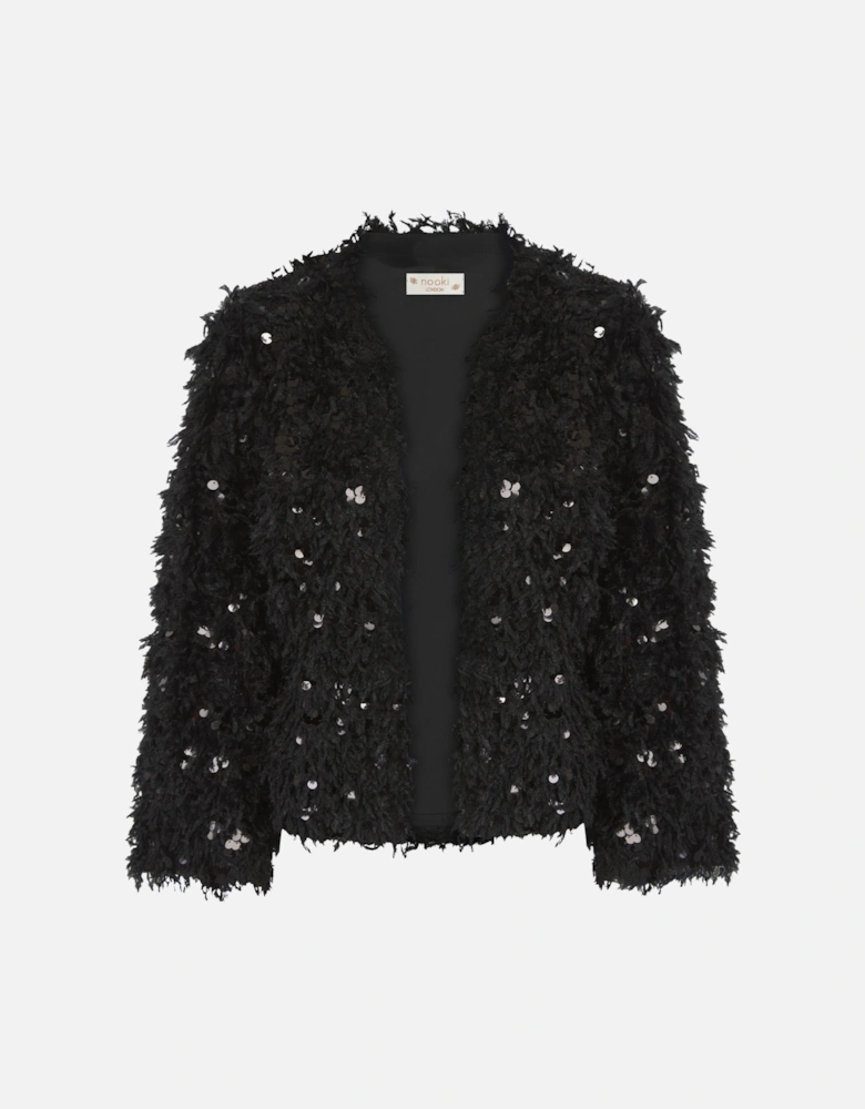 MARLY SEQUIN AND FAUX FUR KIMONO-BLACK