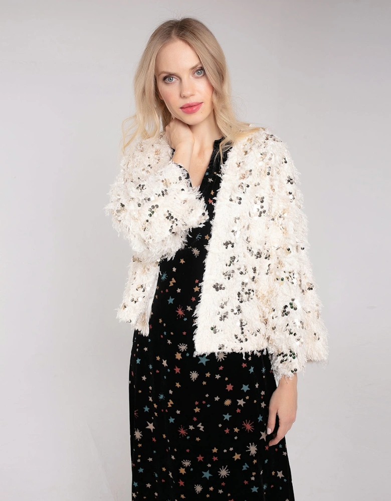 MARLY SEQUIN AND FAUX FUR KIMONO-CREAM