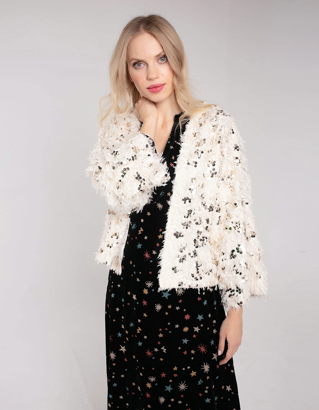 MARLY SEQUIN AND FAUX FUR KIMONO-CREAM