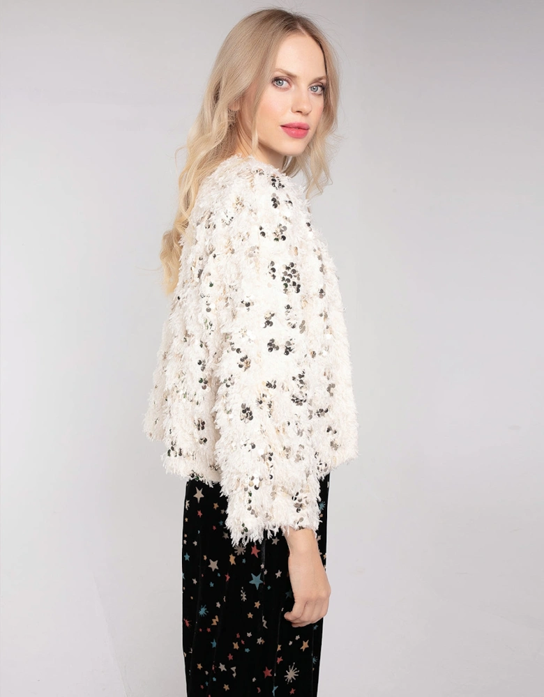 MARLY SEQUIN AND FAUX FUR KIMONO-CREAM