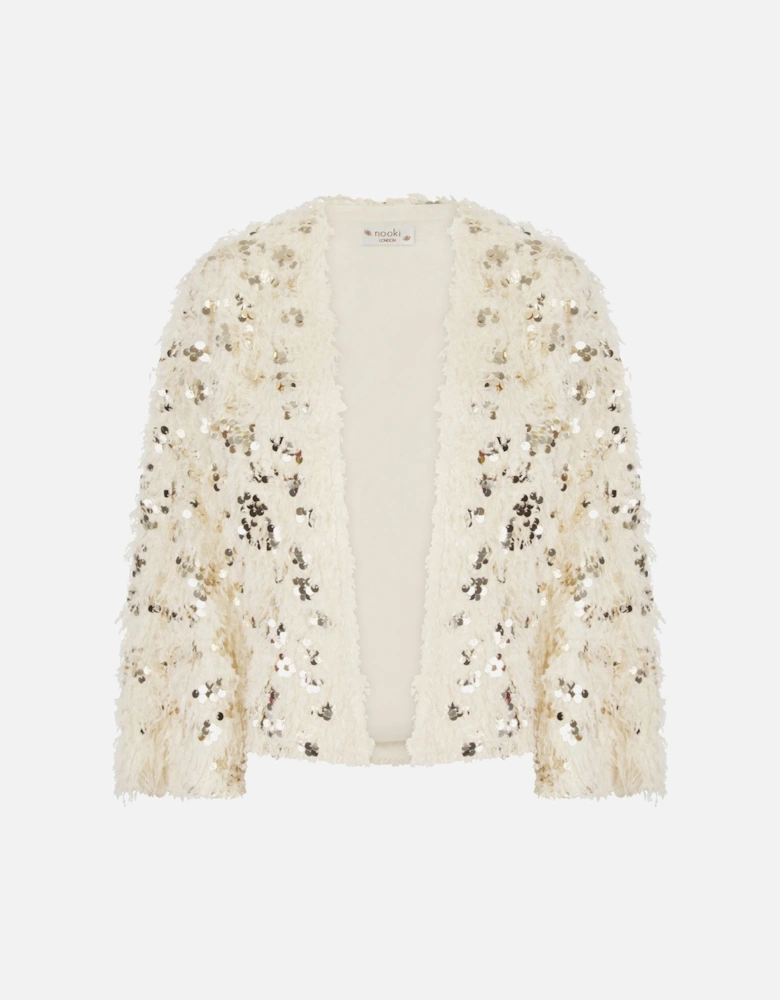 MARLY SEQUIN AND FAUX FUR KIMONO-CREAM