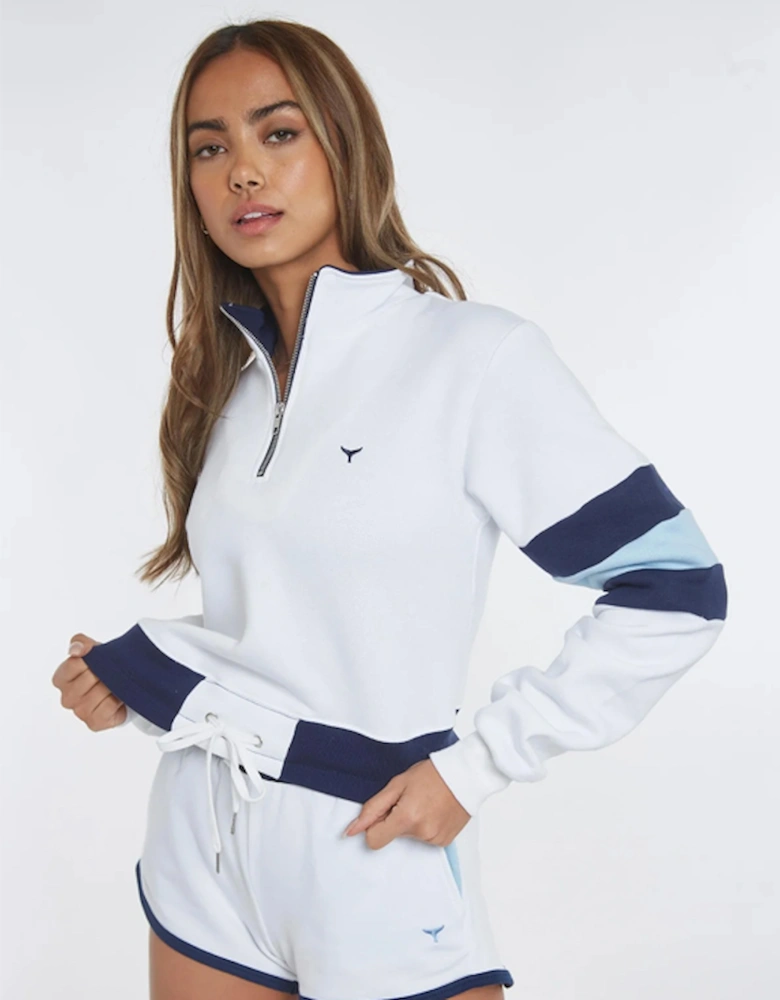 Women's St Ives Cropped Quarter Zip Sweatshirt White/Navy/Light Blue