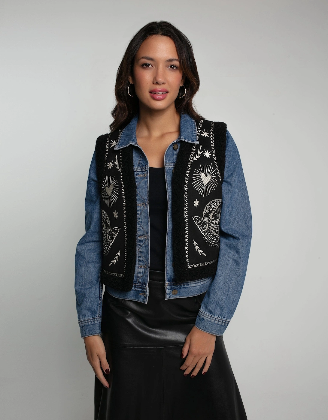 FREE BIRD EMBROIDERED FAUX SHEARLING GILET-BLACK, 10 of 9