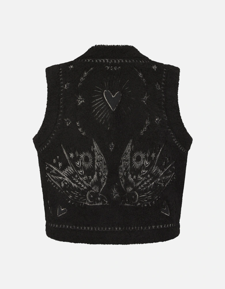 FREE BIRD EMBROIDERED FAUX SHEARLING GILET-BLACK