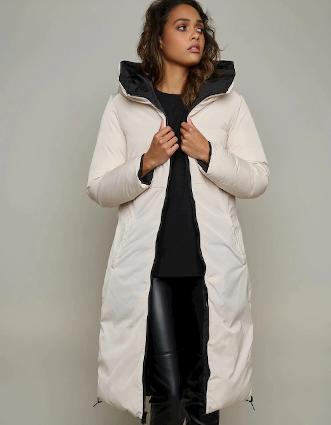 Women's Keila Reversible Long Padded Hooded Coat Black & Angora