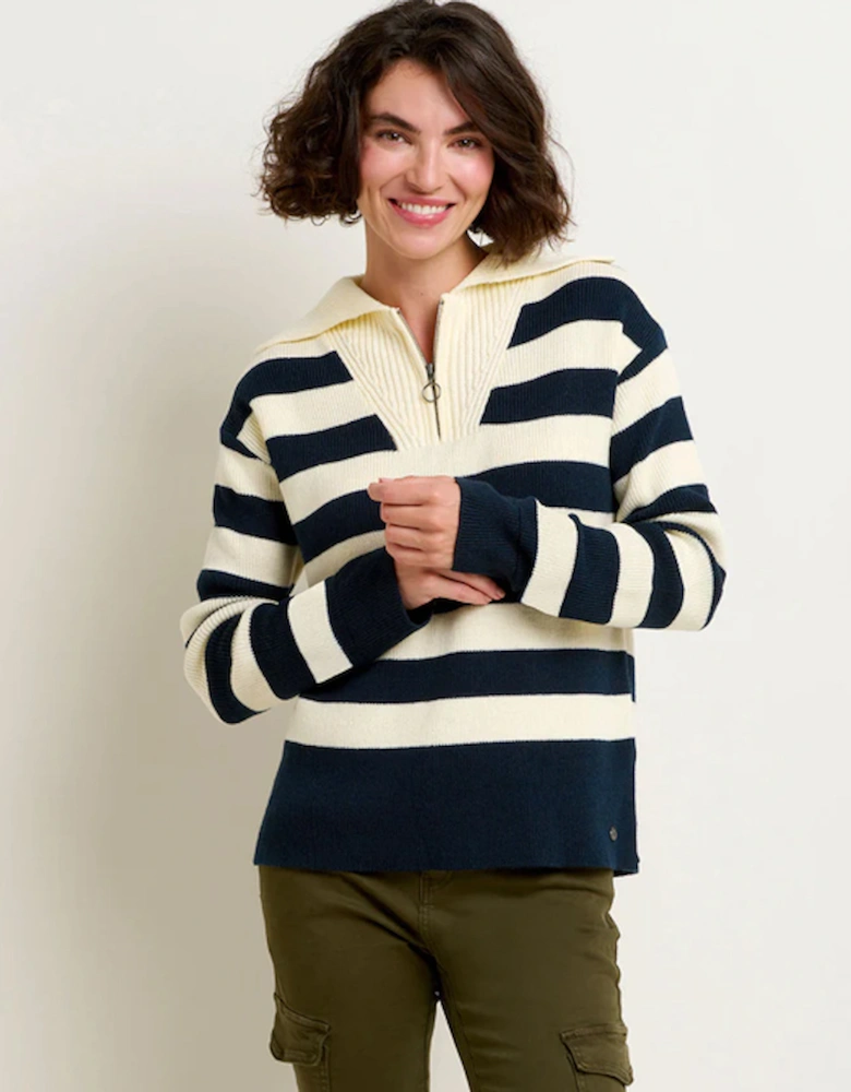 Women's Stripe Collar Zip Knit Navy