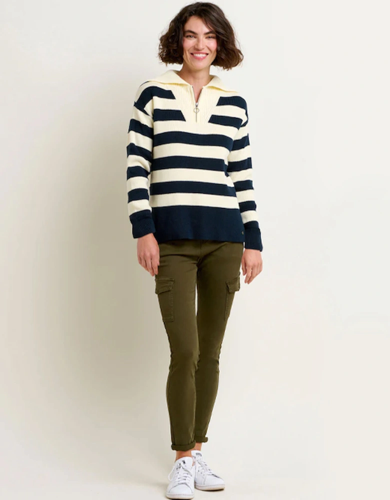 Women's Stripe Collar Zip Knit Navy