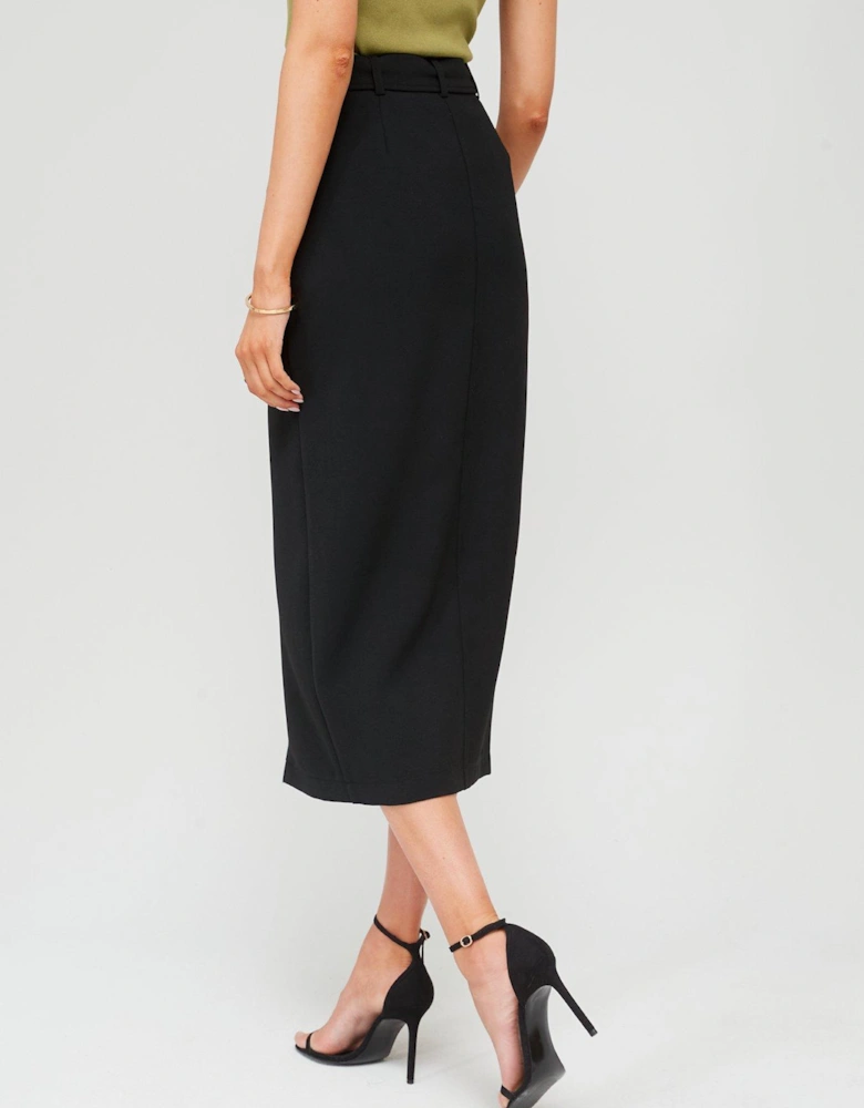 Tailored Belted Midi Skirt - Black
