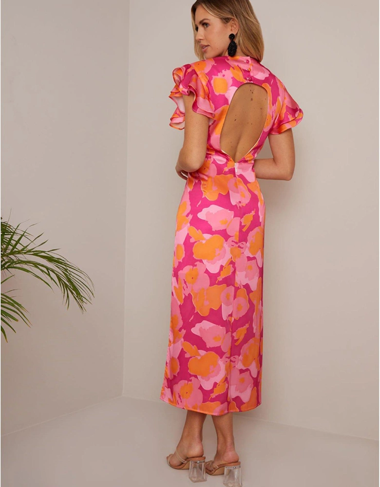 V Neck Ruffle Detail Abstract Print Midi Dress In Pink
