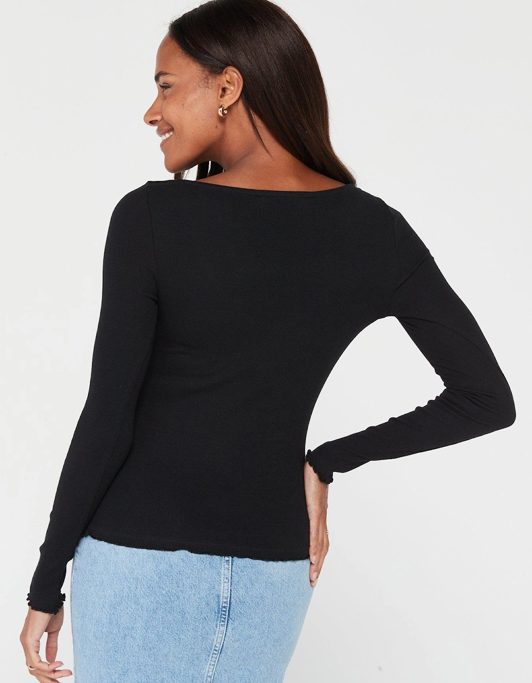 Ruched Front Long Sleeve Rib Top - Black