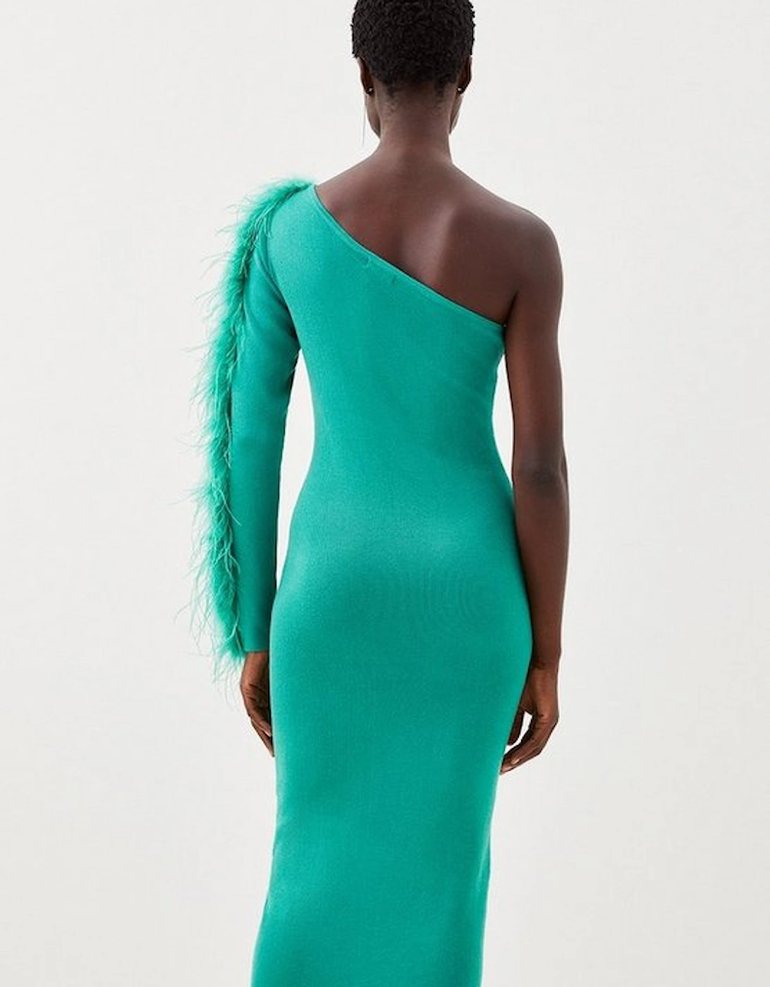 Viscose Blend One Shoulder Feather Detail Knit Midi Dress