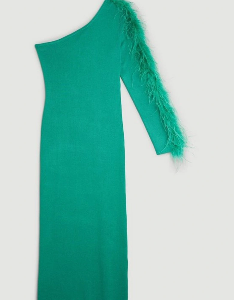 Viscose Blend One Shoulder Feather Detail Knit Midi Dress