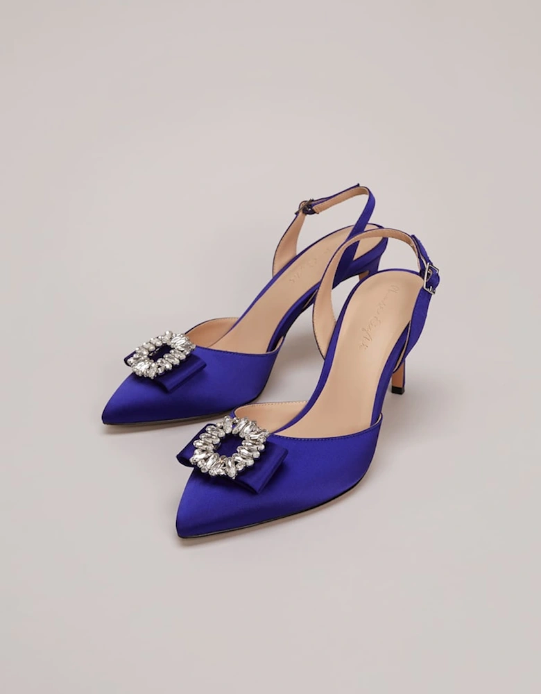 Blue Satin Embellished Slingback Heels