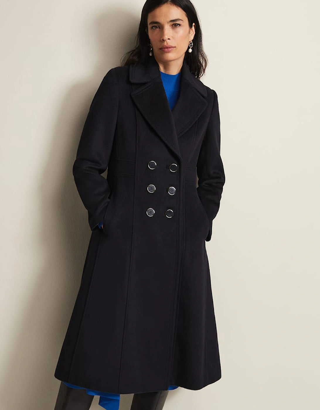 Sandra Wool Navy Long Smart Coat, 2 of 1