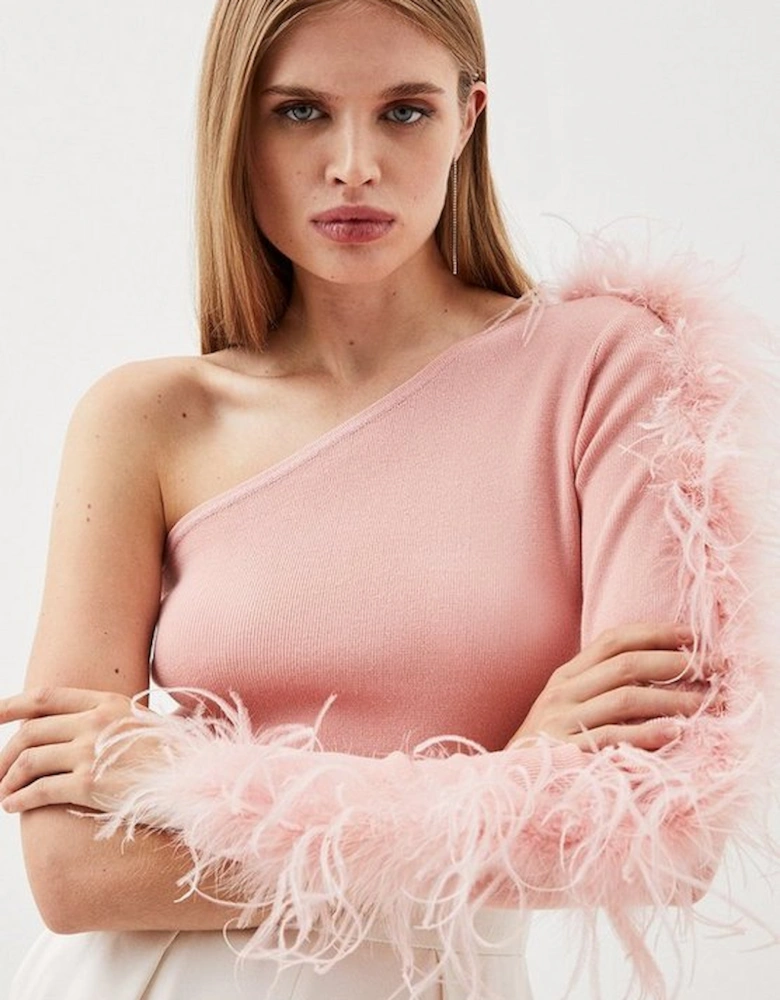 Viscose Blend One Shoulder Feather Detail Knit Top