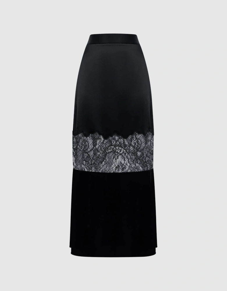 Fitted Satin-Velvet Midi Skirt