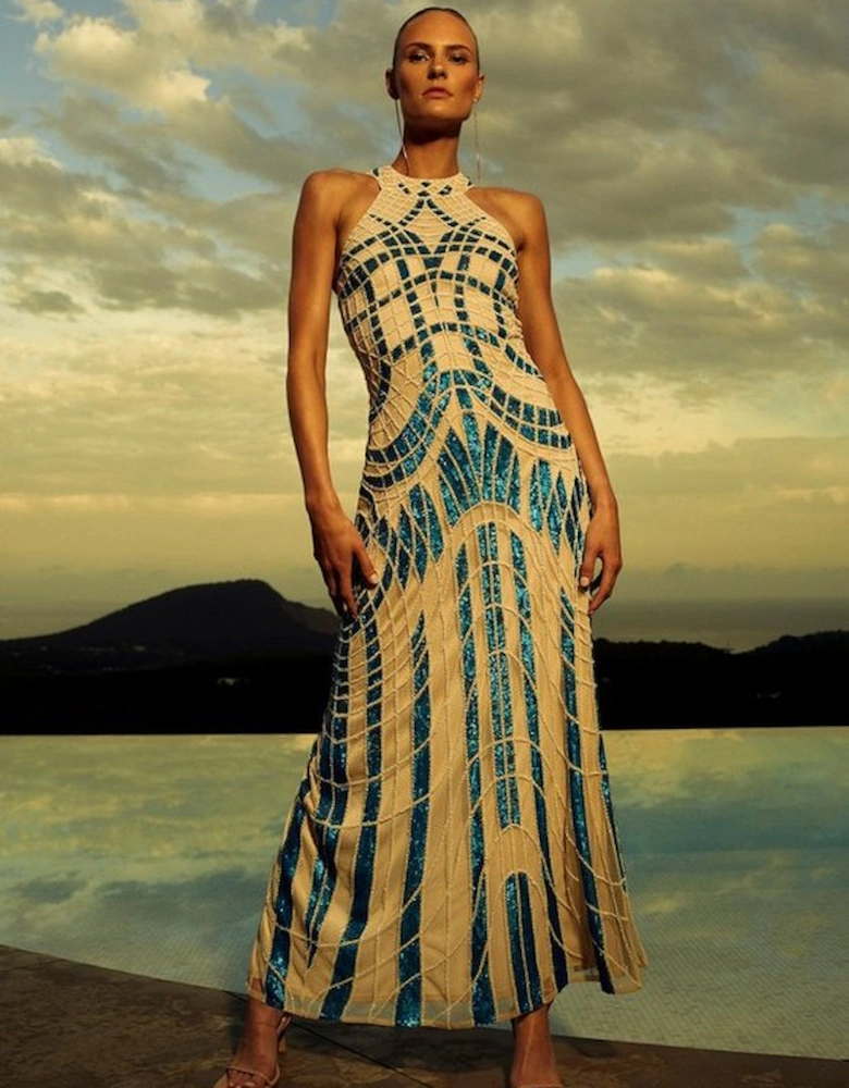 Embellished Geo Halter Woven Maxi Dress