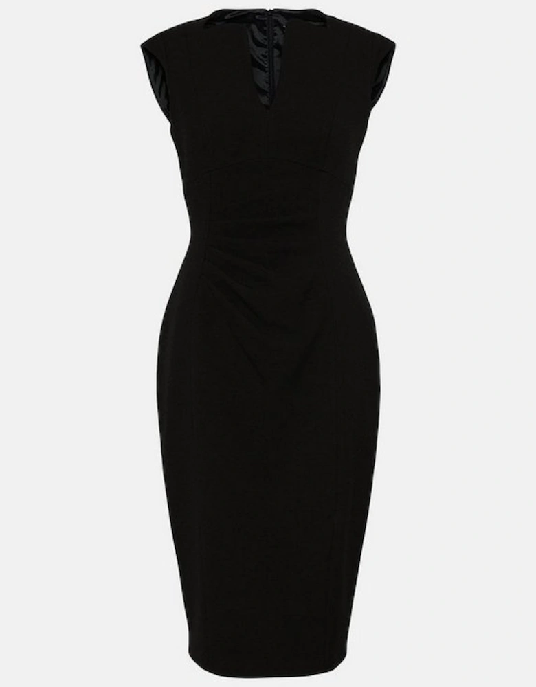 Structured Crepe Tailored Envelope Neck Pencil Midi Dress