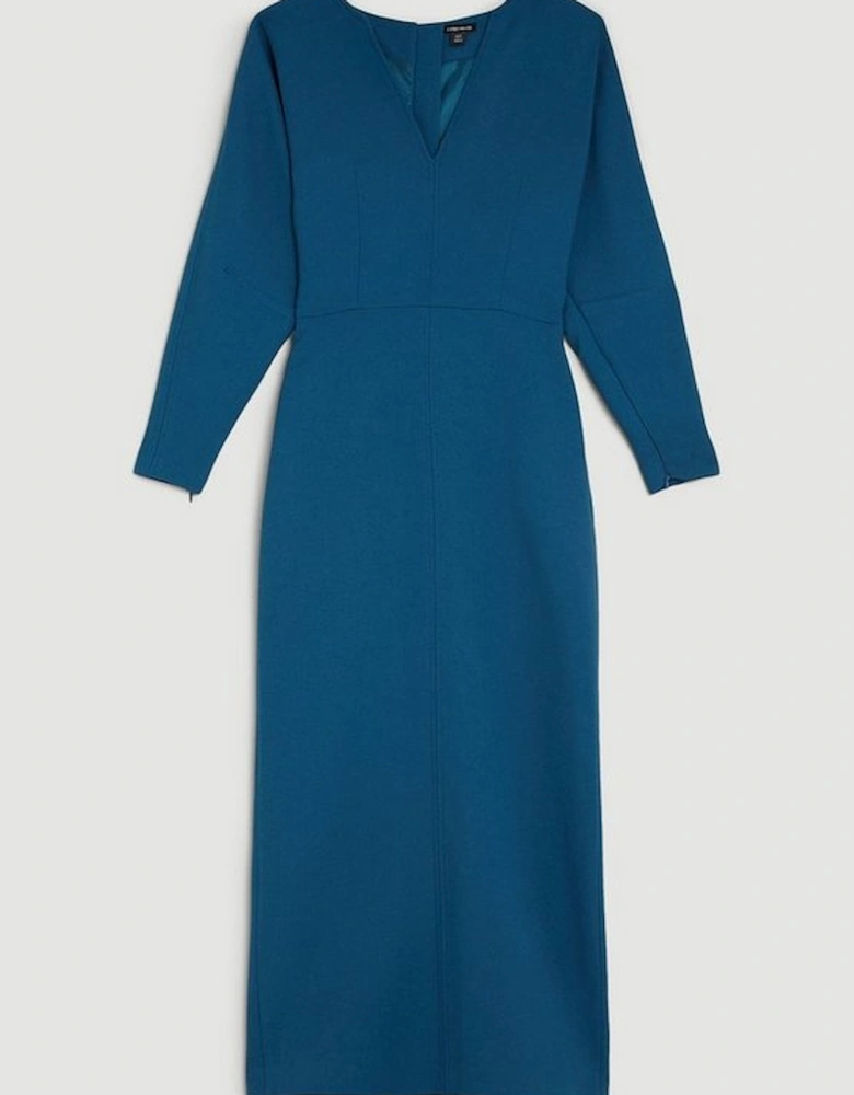 Compact Stretch Tailored Seamed Detail Rounded Sleeve Midi Dress