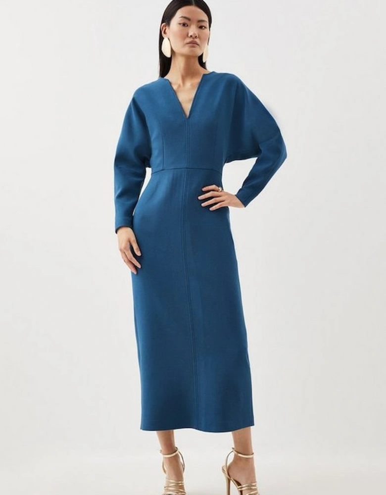 Compact Stretch Tailored Seamed Detail Rounded Sleeve Midi Dress