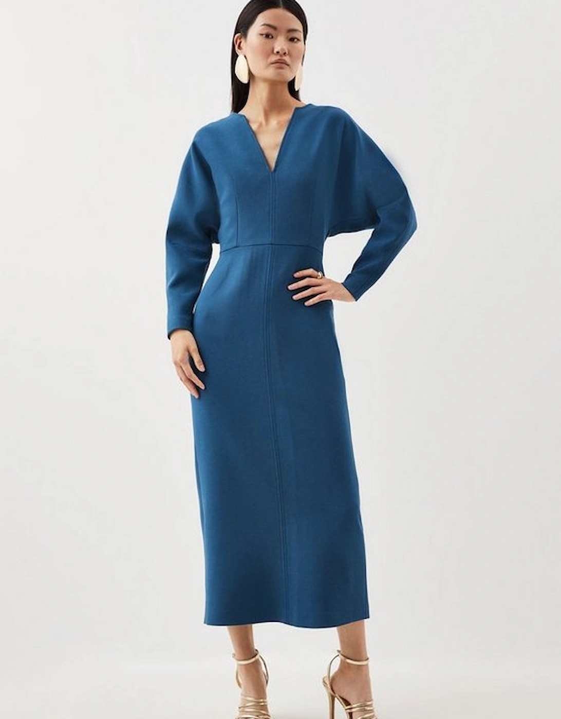 Compact Stretch Tailored Seamed Detail Rounded Sleeve Midi Dress, 5 of 4