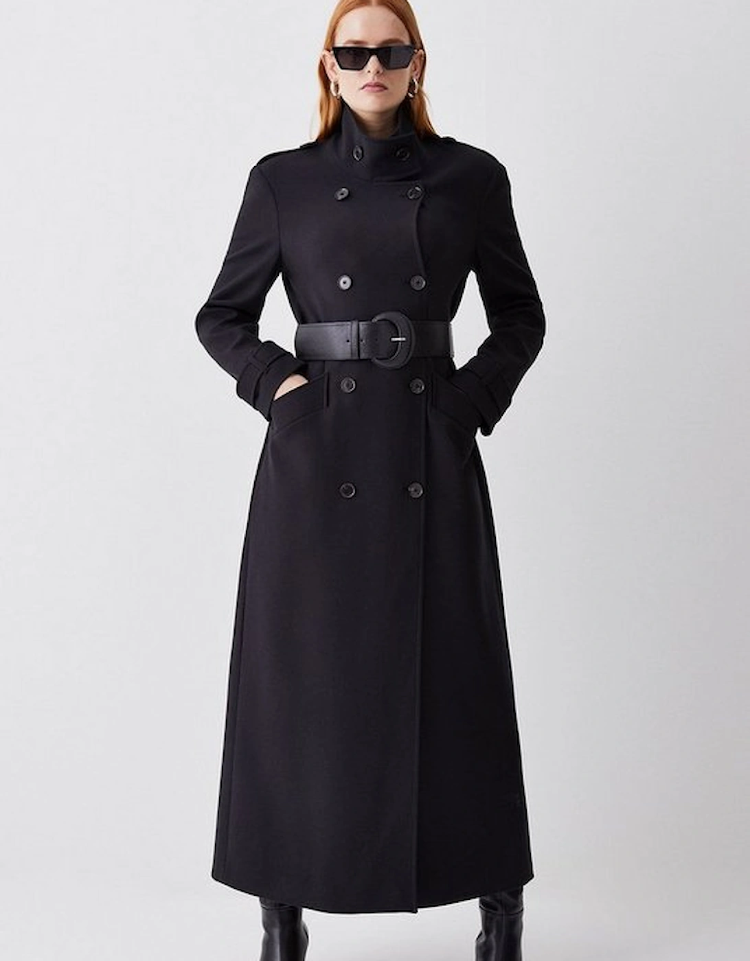 Compact Stretch Belted Double Breasted Maxi Tailored Coat, 5 of 4