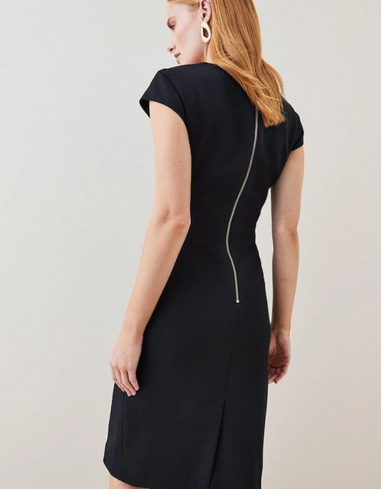 Structured Crepe Tailored Tie Front Pencil Midi Dress